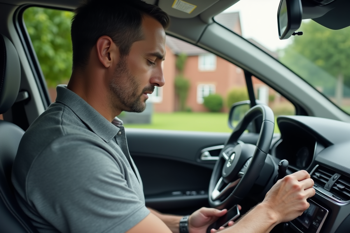 Homme connectant son smartphone dans une voiture
