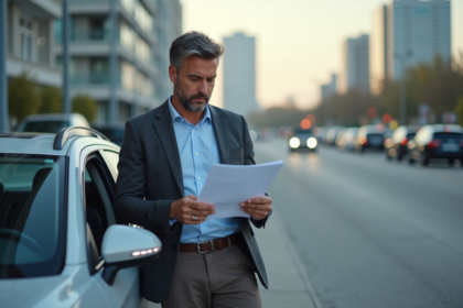 Homme d'âge moyen vérifiant documents d'assurance voiture