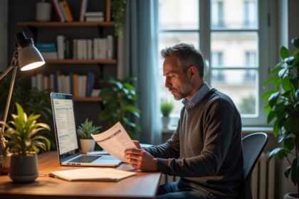Homme français examine des papiers officiels à son bureau