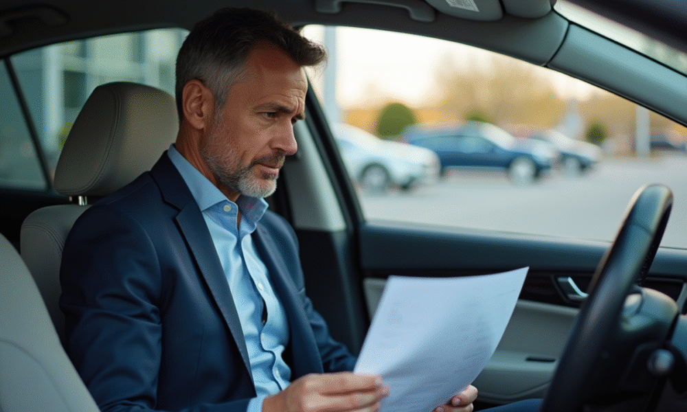 Homme inquiet dans sa voiture avec un formulaire d'assurance