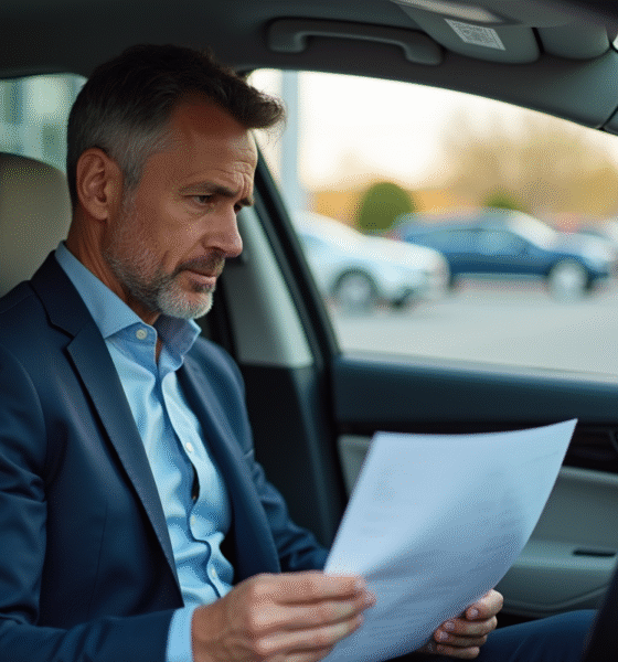 Homme inquiet dans sa voiture avec un formulaire d'assurance