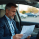 Homme inquiet dans sa voiture avec un formulaire d'assurance