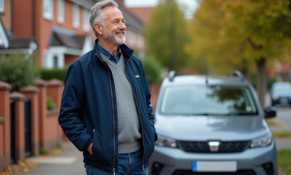Homme d'âge moyen près d'une minivan en quartier résidentiel