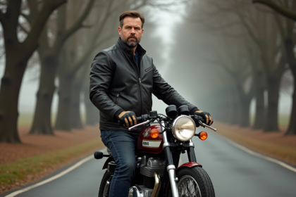 Homme en cuir vintage et moto cafe racer en nature