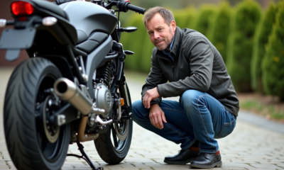 Homme examinant le sprocket arrière d'une moto en extérieur