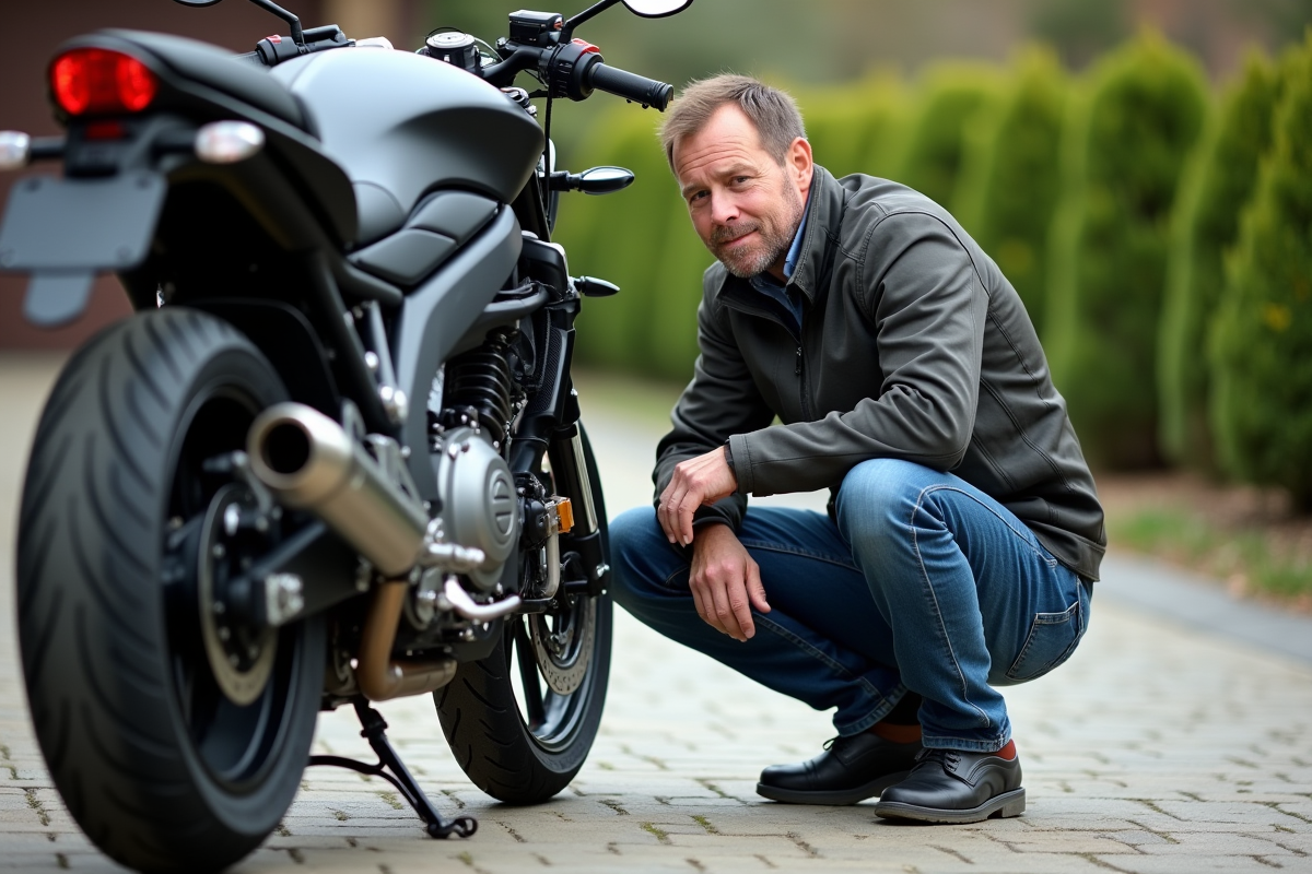 Homme examinant le sprocket arrière d'une moto en extérieur