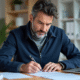 Homme d'âge moyen remplissant des documents administratifs