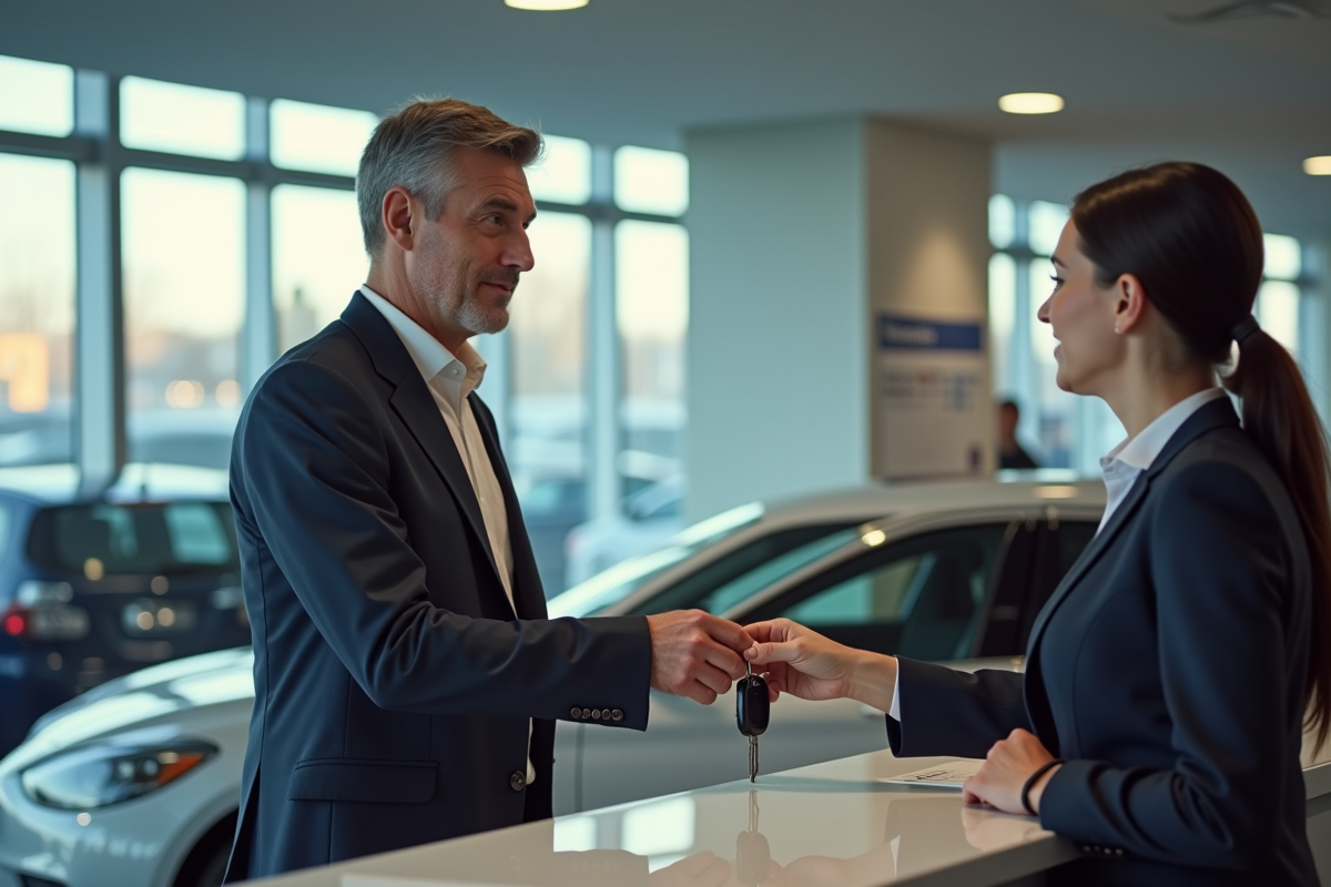 Homme remettant des clés de voiture au comptoir de location