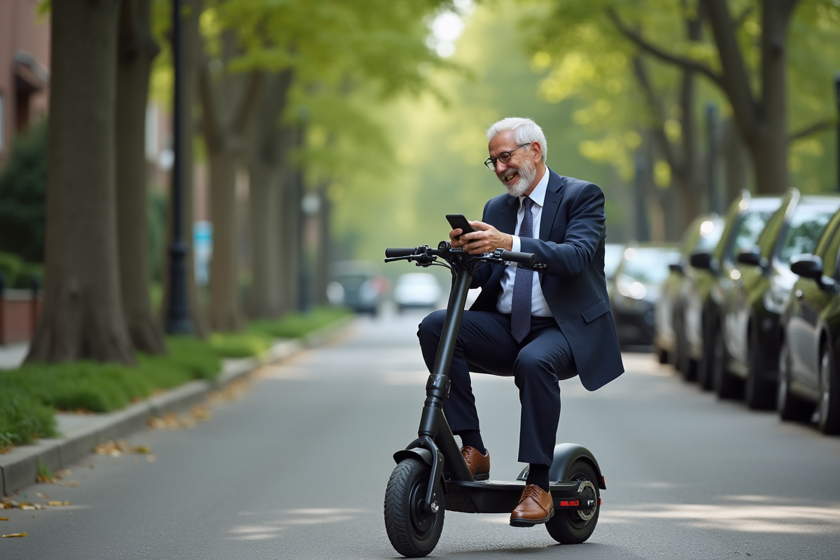 Homme d affaires relaxe sur scooter électrique dans quartier résidentiel