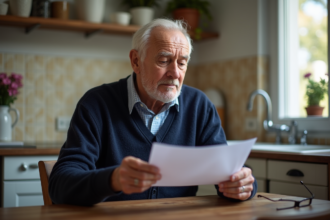 Homme âgé lit une lettre dans sa cuisine chaleureuse