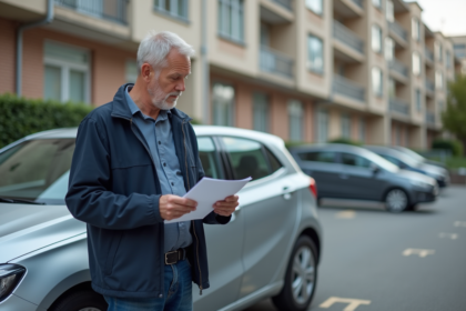 Homme d'âge moyen lisant ses documents d'assurance à côté d'une voiture en ville