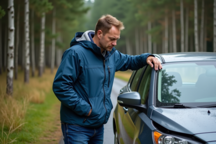 Homme d'âge moyen examine une bosse sur sa voiture en campagne