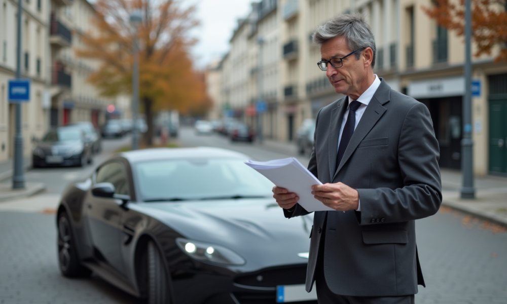 Homme d age moyen examine documents près d une voiture moderne