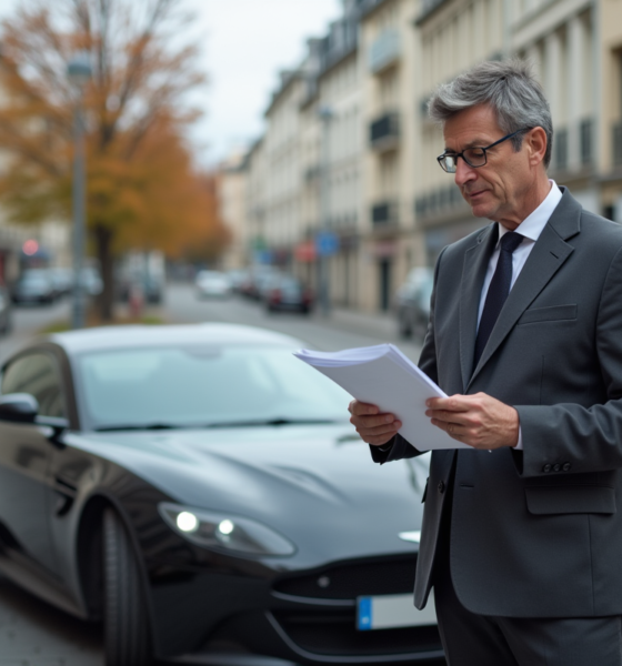 Homme d age moyen examine documents près d une voiture moderne