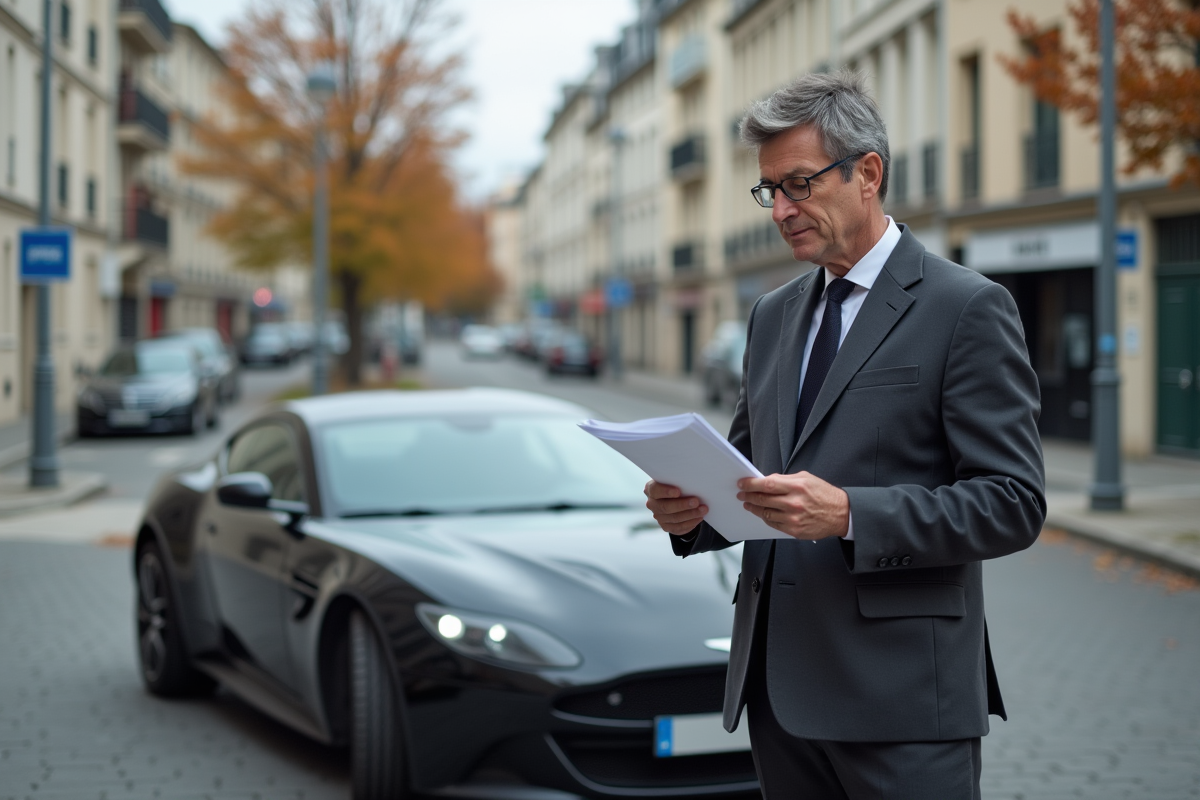 Homme d age moyen examine documents près d une voiture moderne