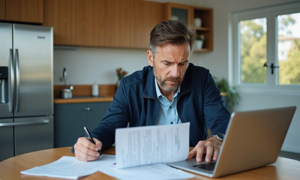 Homme d'âge moyen examine documents automobiles à la maison