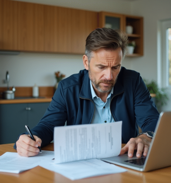 Homme d'âge moyen examine documents automobiles à la maison