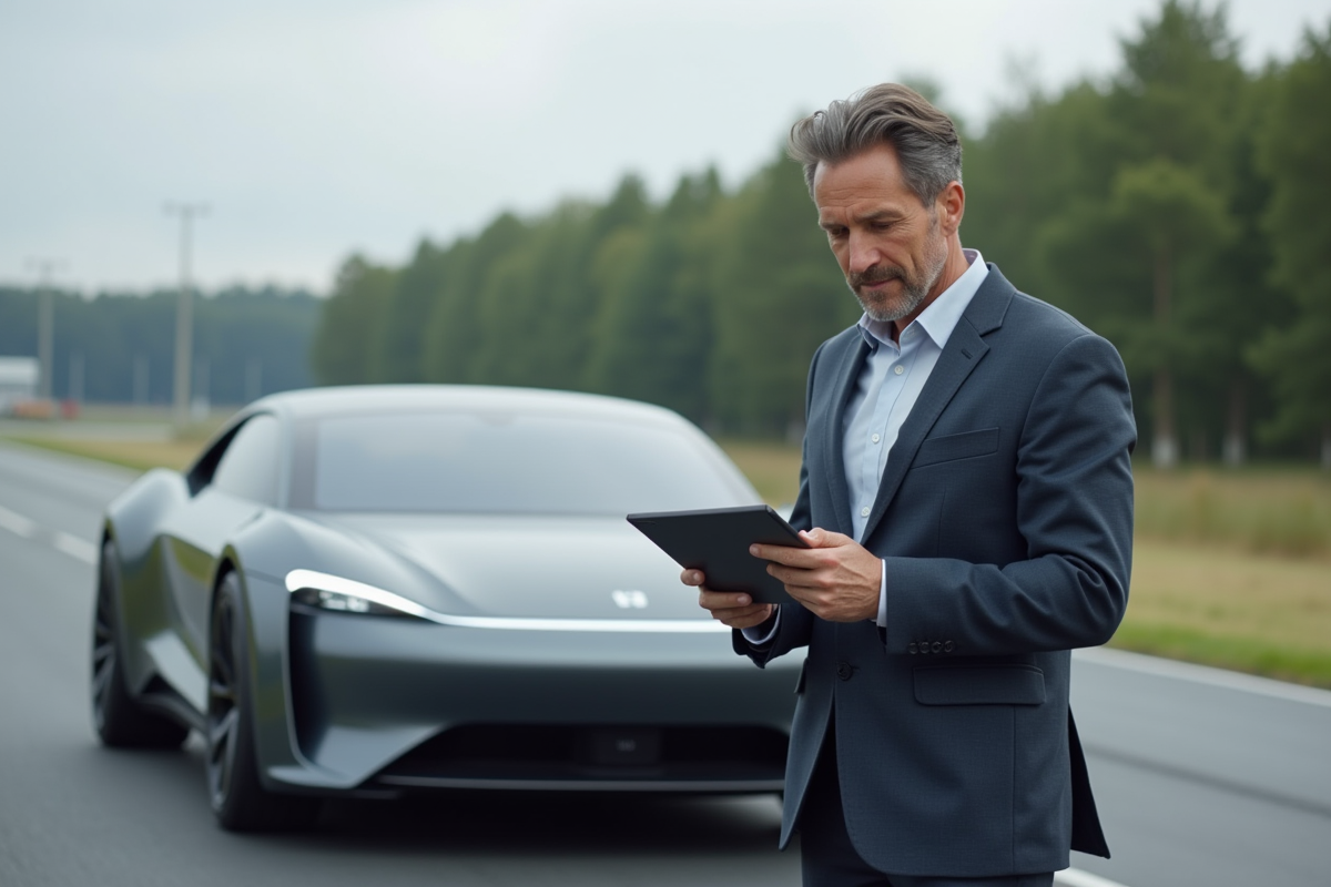 Ingénieur automobile examinant une voiture électrique sur un circuit