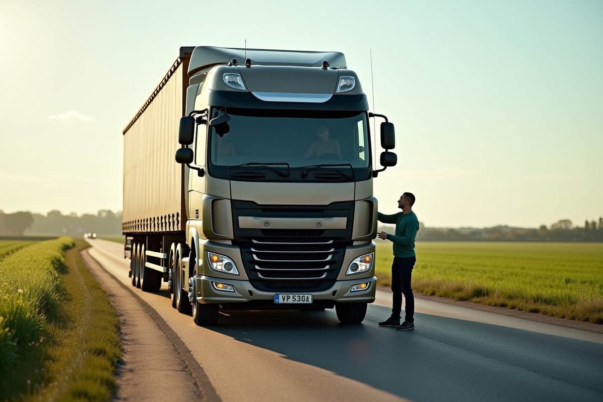 Vendeur inspectant un camion d occasion dans la campagne