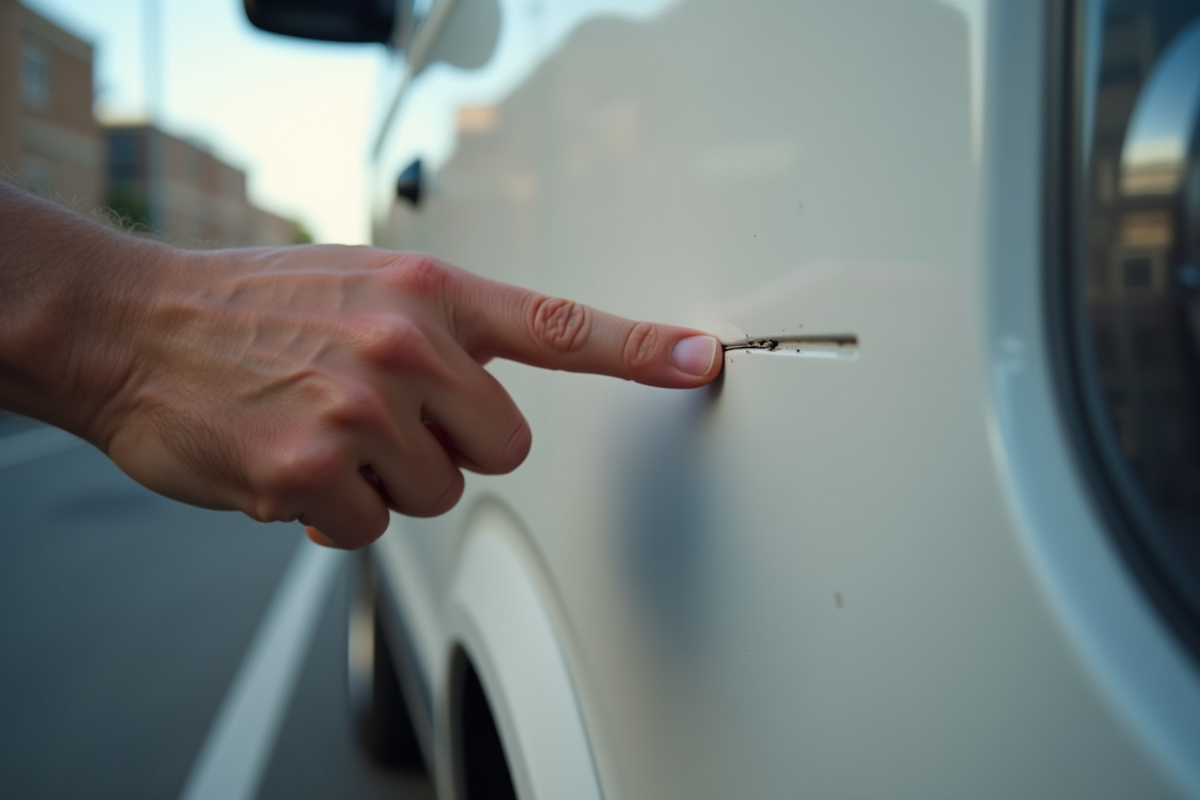 Main examinant une rayure sur la carrosserie d’un van utilitaire en plein jour