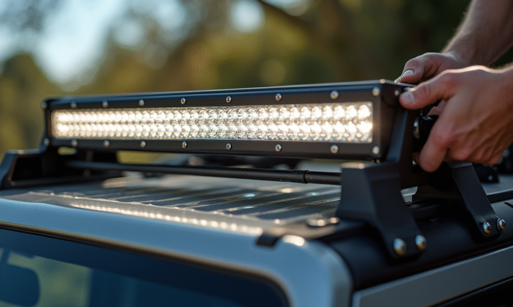 Installation d une barre lumineuse LED sur un 4x4 robuste en plein jour