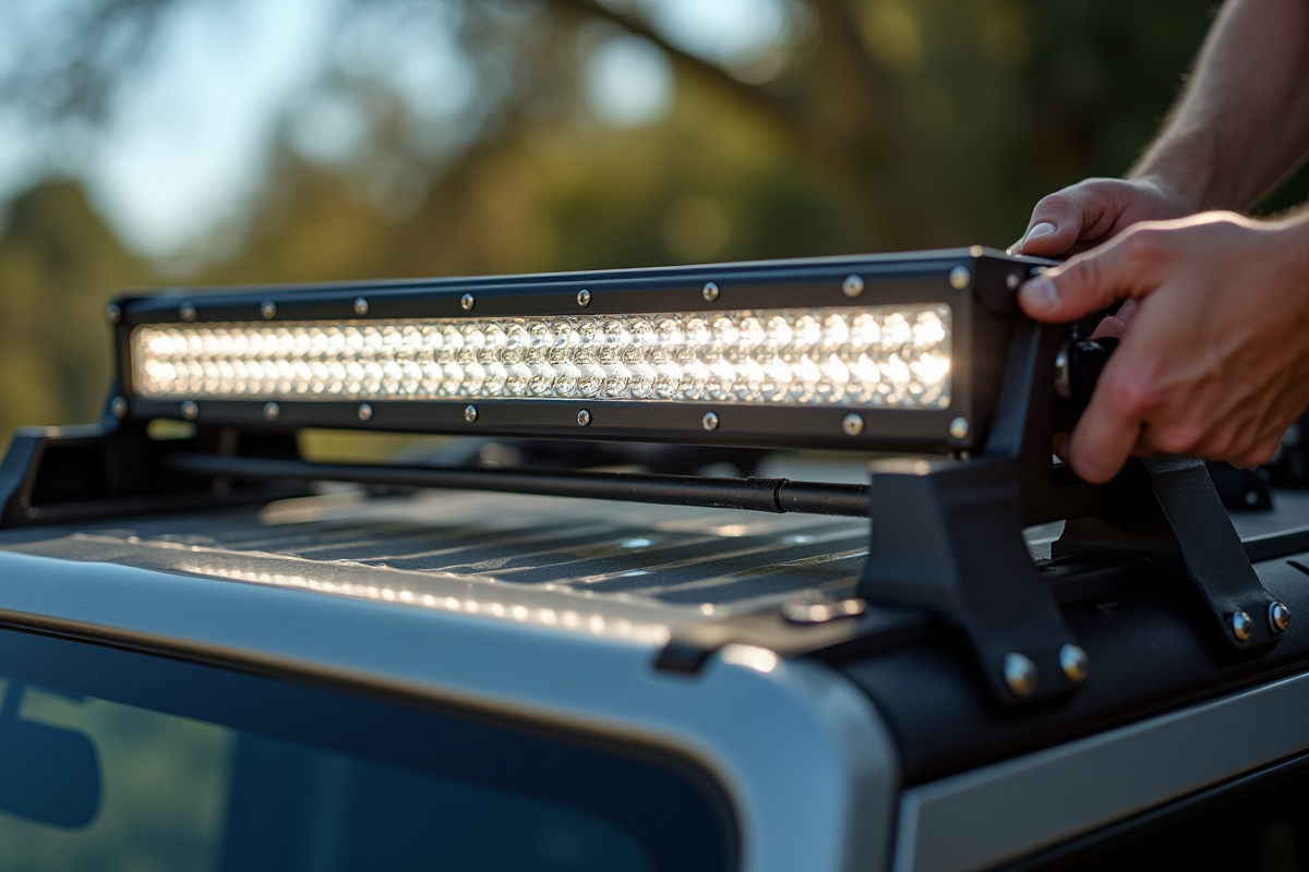 Installation d une barre lumineuse LED sur un 4x4 robuste en plein jour