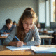 Jeune personne nerveuse passant le test theorique de conduite