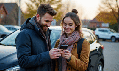 Jeune couple vérifiant une application de covoiturage devant une voiture