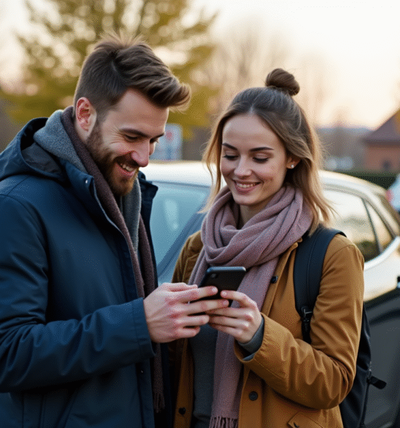 Jeune couple vérifiant une application de covoiturage devant une voiture