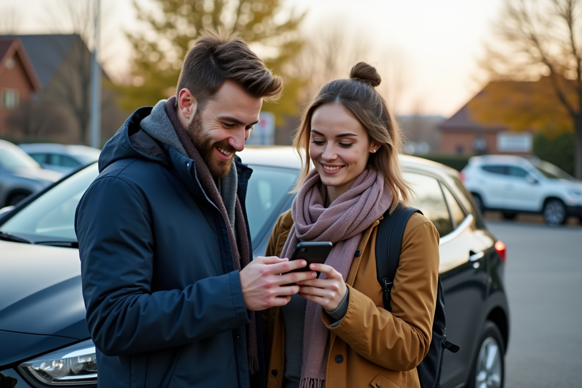 Jeune couple vérifiant une application de covoiturage devant une voiture