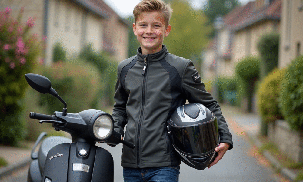 Jeune garçon avec casque et scooter dans un quartier français
