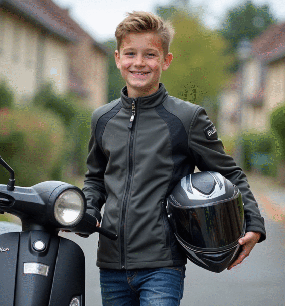 Jeune garçon avec casque et scooter dans un quartier français