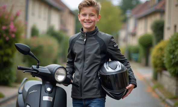 Jeune garçon avec casque et scooter dans un quartier français
