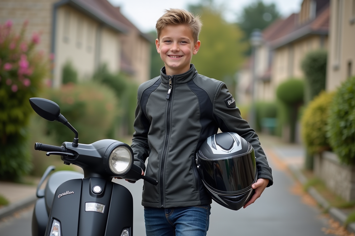 Jeune garçon avec casque et scooter dans un quartier français