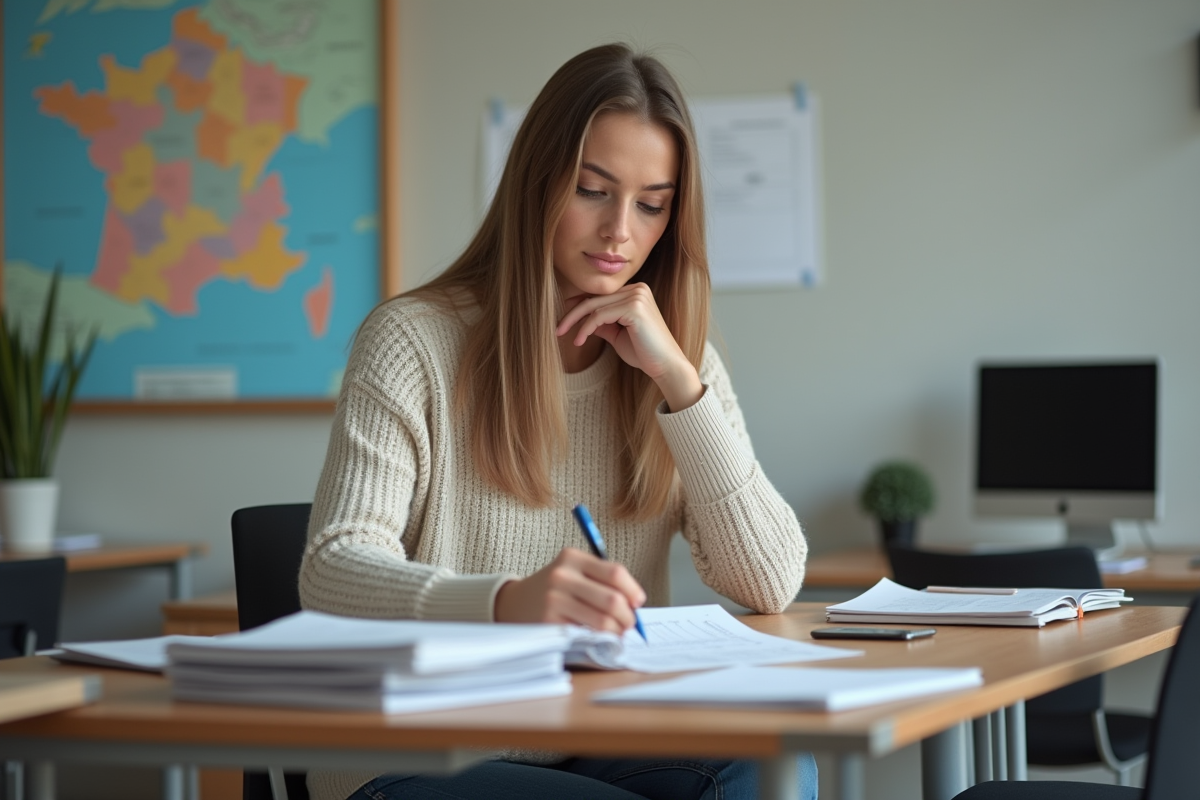 Jeune femme remplit formulaires dans un bureau français