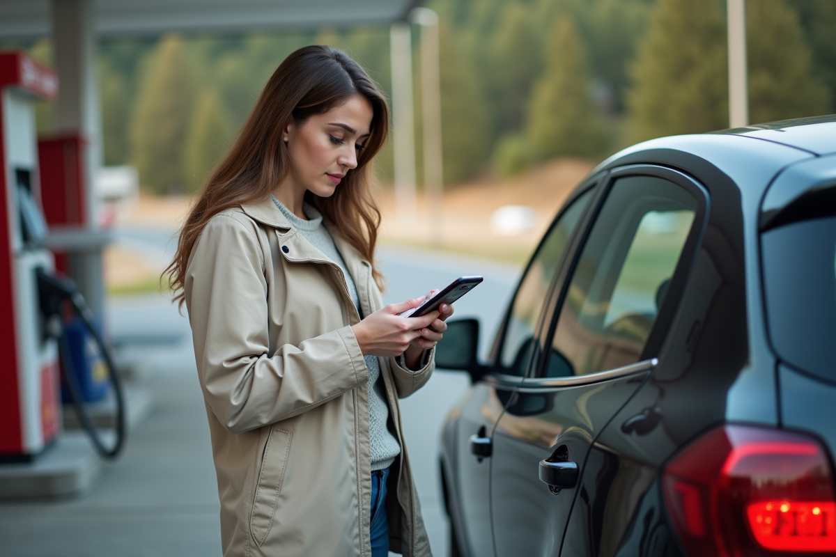 Jeune femme vérifiant manuel de voiture à la station essence