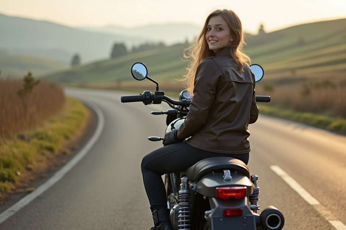 Jeune femme à moto sur une route de campagne au matin