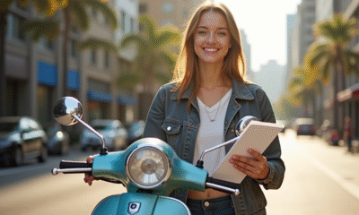 Jeune femme souriante avec scooter 125cc en ville