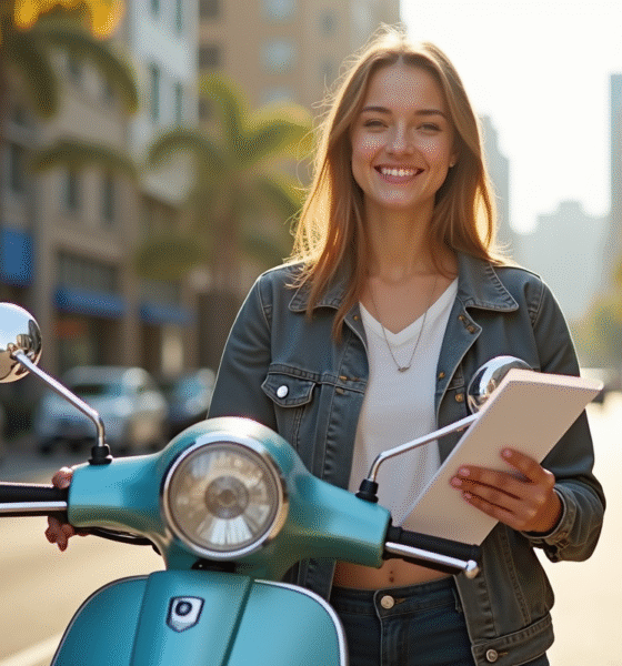 Jeune femme souriante avec scooter 125cc en ville