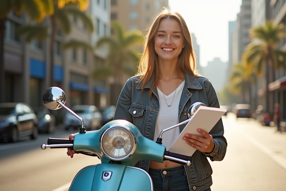 Jeune femme souriante avec scooter 125cc en ville