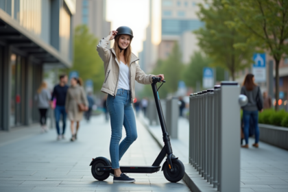 Jeune femme ajustant son casque avec scooter électrique en ville