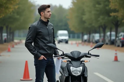 Jeune homme en moto école avec moto et cônes de signalisation