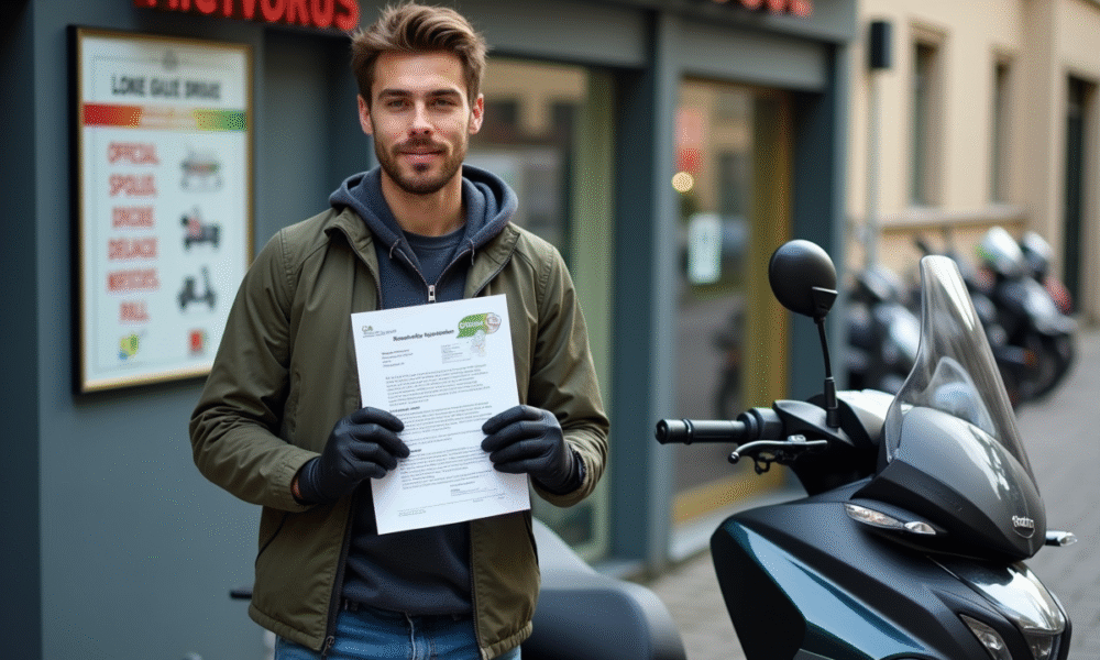Jeune homme avec moto et papiers devant école de conduite