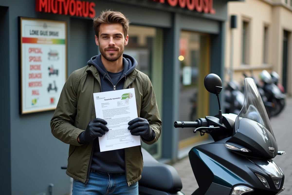 Jeune homme avec moto et papiers devant école de conduite