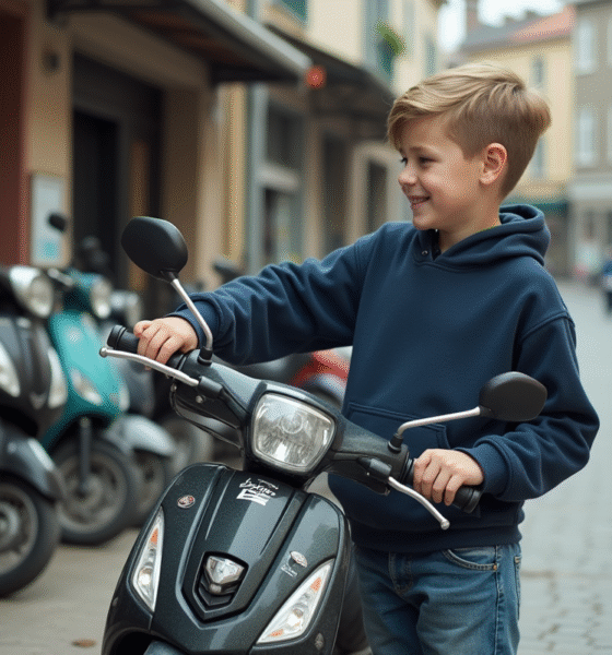 Jeune garçon inspectant une moto 50cc d'occasion devant un garage