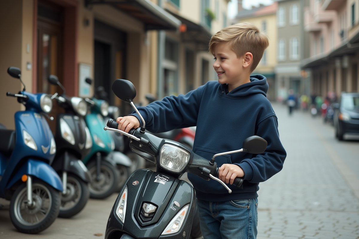 Jeune garçon inspectant une moto 50cc d'occasion devant un garage