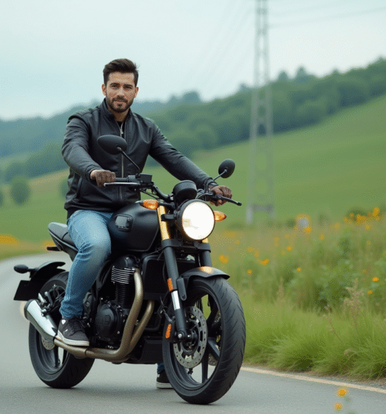 Jeune homme en moto sur route de campagne verte
