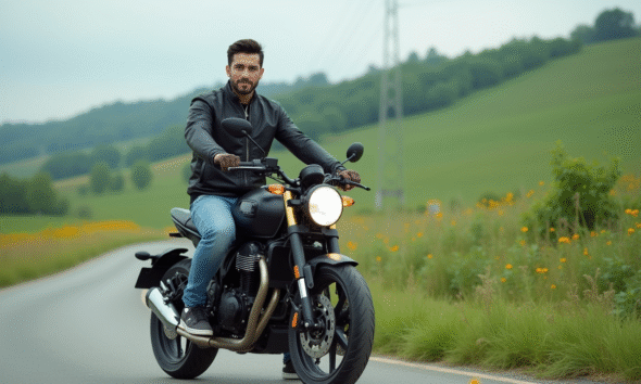 Jeune homme en moto sur route de campagne verte