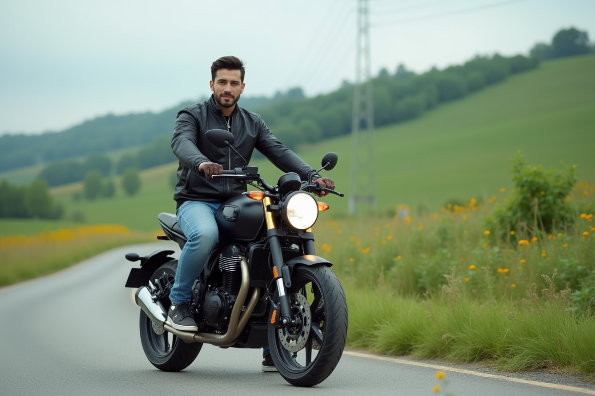 Jeune homme en moto sur route de campagne verte