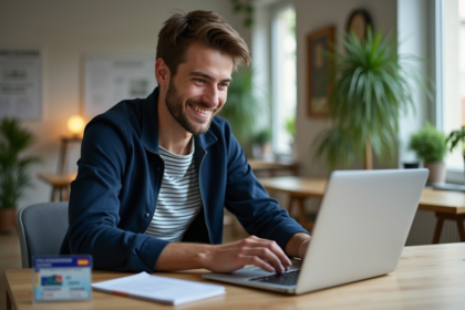 Jeune homme souriant utilisant un ordinateur pour commander une licence française